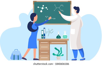 Student at school chemistry lesson. Scientist explains formulas on a blackboard. Study of chemical compounds. Girl helps the teacher to write on the board. Molecule model and equations on background