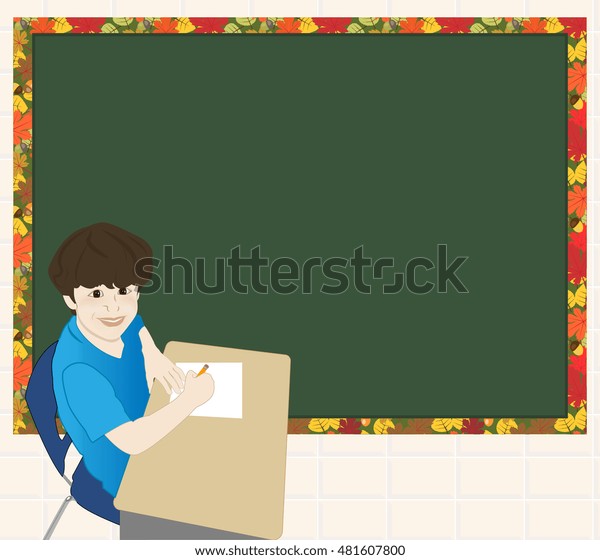 Student School Desk Front Chalkboard Stock Vektorgrafik