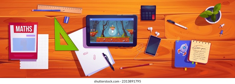 Vista superior del escritorio de la escuela de estudiantes con ilustración de caricaturas de tableta y juegos. Mesa para la educación y los deberes de papel matemático con calculadora y papelería para niños. Trabajo adolescente con teléfono y auriculares