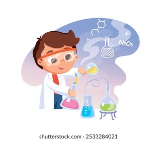 Estudiante, estudiante haciendo un experimento. Boy está estudiando química, haciendo experimentos científicos en clase de química.	