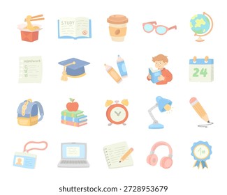 Student school life set in scandinavian style featuring study supplies reading tools calendar backpack globe medal headphones laptop notebook lamp