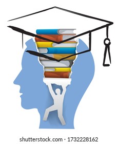 Student, School Literature for Graduation. 
Stylized Male head in profile with books, brush drawn mortar board and male silhouette ripping paper background. Vector available.