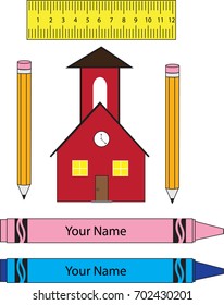 Student School Name with Schoolhouse, Pencil, Ruler, and Crayons