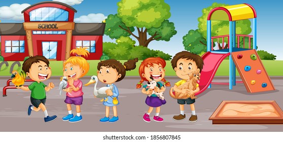 Ilustración de estudiantes en el patio de recreo escolar