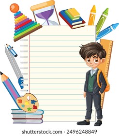 Estudiante con útiles escolares y cuaderno en blanco