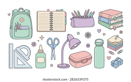 Student school supplies collection featuring green backpack notebook pencil case ruler scissors water bottle and stationery.