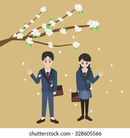 student in school uniform with sakura cherry blossom tree vector