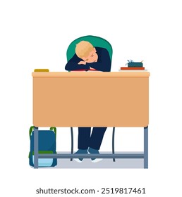 A student in a school uniform is sleeping at his desk. The boy fell asleep in class. Vector illustration.