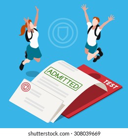 Student School University Admission Letter icon. Happy Junior People acknowledgment set. Isometric 3D Flat kid education college certificate. Passed Test creative design collection vector Illustration