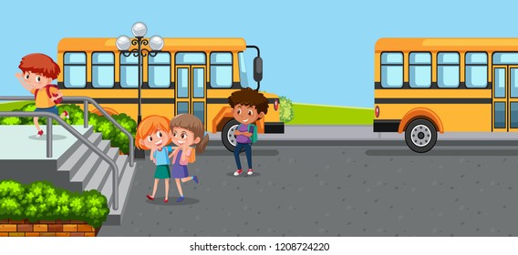 Ilustración de estudiantes en el patio de la escuela