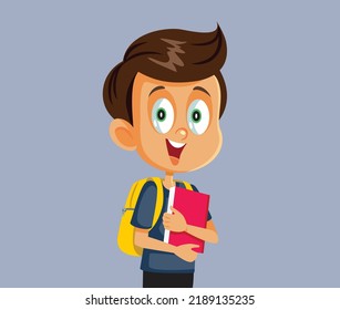 
Student with Schoolbag Holding a Textbook Vector Cartoon Illustration. Happy child ready for literature class going back to school
