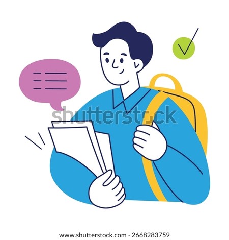 Student or schoolboy with backpack and notebooks in hands. Character ready for studying, education, learning and school life. Knowledge, university, school supplies and youth lifestyle