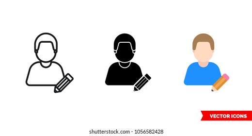 Student schoolboy icon of 3 types: color, black and white, outline. Isolated vector sign symbol.