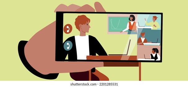 Estudiante o escolar en conferencia en línea, ilustración de material vectorial plano como concepto de aprendizaje electrónico
