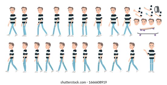 Student or schoolboy. Set for gait animation of a male character. A complete cycle for the design of walking 2d guy. Young fashionable man with collection of body parts and different face emotions.