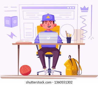Student or schoolboy studying at the computer. Cartoon vector illustration. Teenager character sitting at desk. Homework and learning concept.