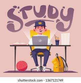 Student or schoolboy studying at the computer. Cartoon vector illustration. Teenager character sitting at desk. Homework and learning concept.