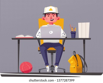 Student or schoolboy studying at the computer. Cartoon vector illustration. Teenager character sitting at desk. Homework and learning concept.