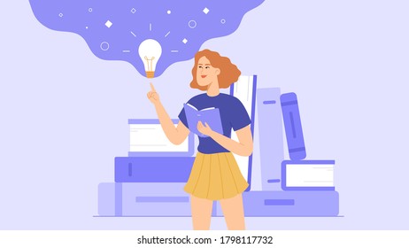 A student or schoolgirl reads a book. While reading, the girl comes up with an idea. A stack of books is on the background.

