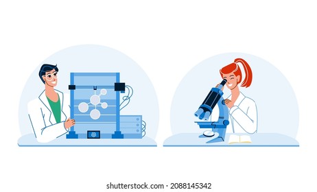 Student Science Work And Research In Lab Vector. Young Girl Student Science Looking At Microscope And Boy Teen Working With Laboratory Researchment Equipment. Character Flat Cartoon Illustration