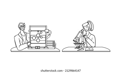 Student Science Work And Research In Lab Black Line Pencil Drawing Vector. Young Girl Student Science Looking At Microscope And Boy Teen Working With Laboratory Researchment Equipment. Character