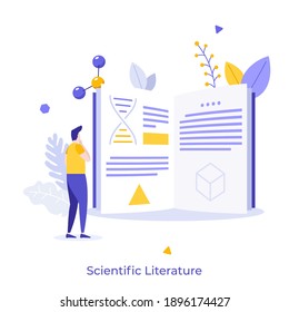 Student, scientist or researcher reading book or publication. Concept of scientific literature, article in academic or scholarly journal or magazine. Flat vector illustration for poster, banner.