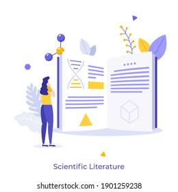 Student, scientist or researcher reading book or publication. Concept of scientific literature, article in academic or scholarly journal or magazine. Flat vector illustration for poster, banner. - Shutterstock ID 1901259238