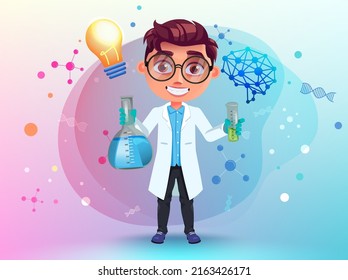 Student Scientist  Vector Character. Boy Character With Beaker And Science Logo Icons In Lab Coat And Eyeglasses For Smart Kid Laboratory Experiment. Vector Illustration.
