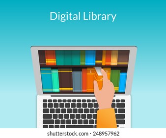 Student searching the internet books store and chooses eBooks in the digital library. Realistic illustration for educational background