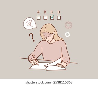 Un estudiante seleccionando respuestas en una prueba.  Los estudiantes no pueden hacer el examen. Estresante, preocupado. Ilustraciones de diseño de Vector de estilo dibujado a mano.