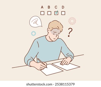 A student selecting answers on a test.  Studentcan't do the exam. stressful, worried. Hand drawn style vector design illustrations.