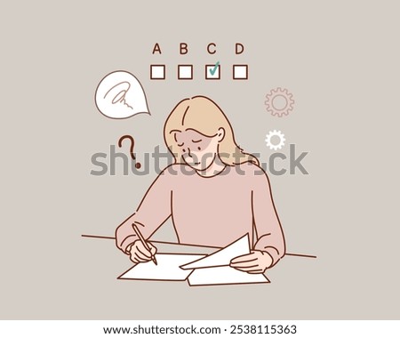 A student selecting answers on a test.  Studentcan't do the exam. stressful, worried. Hand drawn style vector design illustrations.