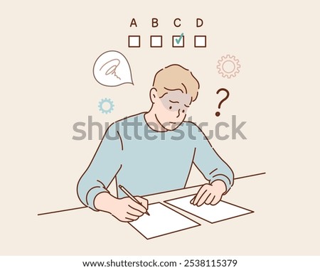 A student selecting answers on a test.  Studentcan't do the exam. stressful, worried. Hand drawn style vector design illustrations.