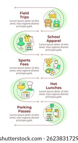 Student service expenses infographic vertical sequence. Parking pass. School fashion. Visualization infochart with 5 steps. Circles workflow