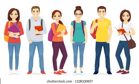 Student set with books and backpacks isolated vector illustration