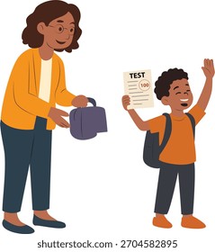 Um estudante mostra a pontuação perfeita do teste para o professor, Um estudante alegremente exibe um teste perfeito para seu professor. O professor sorri de volta com uma bolsa na mão.
