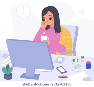 Student sick, frustrated woman has influenza but working at computer. Female feeling bad, illness or virus cartoon snugly vector character