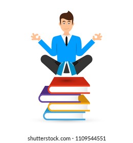 Student sit above a books and meditate. Vector illustration