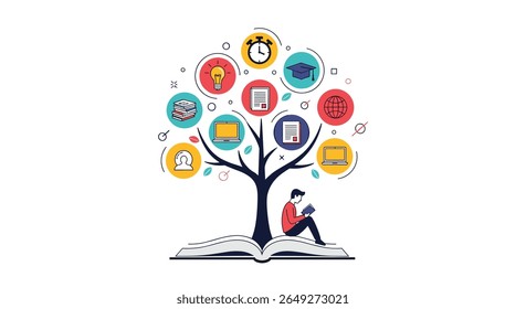 A student sits beneath a knowledge tree growing from an open book symbolizing the vastness of learning and personal growth