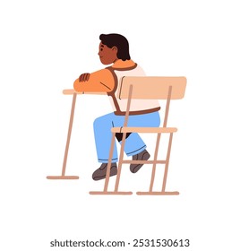 Student sits at the desk during lesson in classroom back view. Child learning, does homework, prepares for exam, test. Boy at the school table. Flat isolated vector illustration on white background