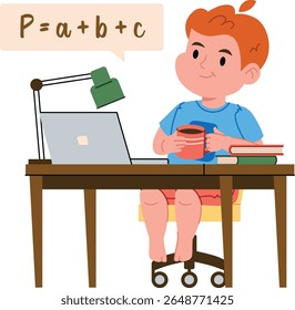 A student sits at a desk with a laptop, holding a mug, in a cartoon style. The learner is engaged in online study, surrounded by books and a lamp. Cartoon vector illustration.