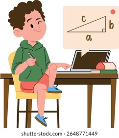 Um aluno se senta em uma mesa com um laptop, aprendendo geometria em estilo de desenho animado. O jovem aprendiz interage com uma tela digital exibindo um diagrama triangular. Ilustração de vetor de desenhos animados.