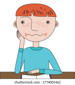 The student sits at a desk and listens to a lesson