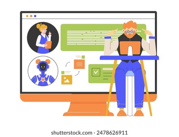 A student sits at a desk using a laptop for online learning. Behind him, a large monitor displays educational materials and online tutors, including a human tutor and an AI. Virtual classroom. Vector.