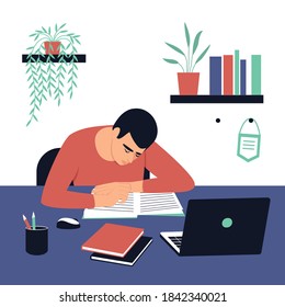 The student sits at his desk and does his homework. A laptop and books are on the table. Concept for learning at home in isolation or doing homework. Flat vector illustration.