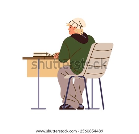 Student sits on chair with book on table and listens to lecture. Teenager is on seat at lesson back view. Boy is on the desk learning, studies at school. Flat isolated vector illustration on white