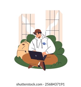 Student sits on lawn, online learning by laptop. Teen boy studies remotely by internet outdoor. Freelance worker with computer works on distance. Flat isolated vector illustration on white background