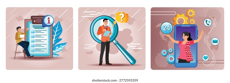Student sits on a stool, engaging with a large tablet like document. Man holds a clipboard while looking through a large magnifying glass. Woman steps out of a large smart phone screen.