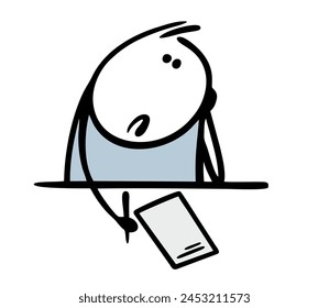 Student sits at a table in class and solves problems. Vector illustration of complex mathematics. Boy writes a sad letter, misses his beloved. Isolated cartoon character on white background.