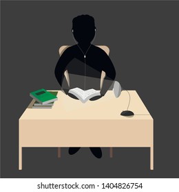 Student sits at the table with headphones and reads a book. Vector